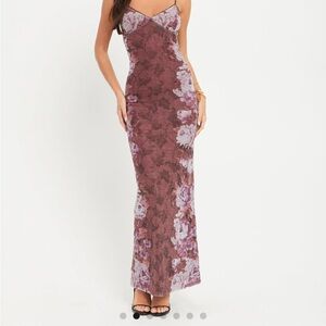 Floral Lace Maxi Dress - Purple and Brown